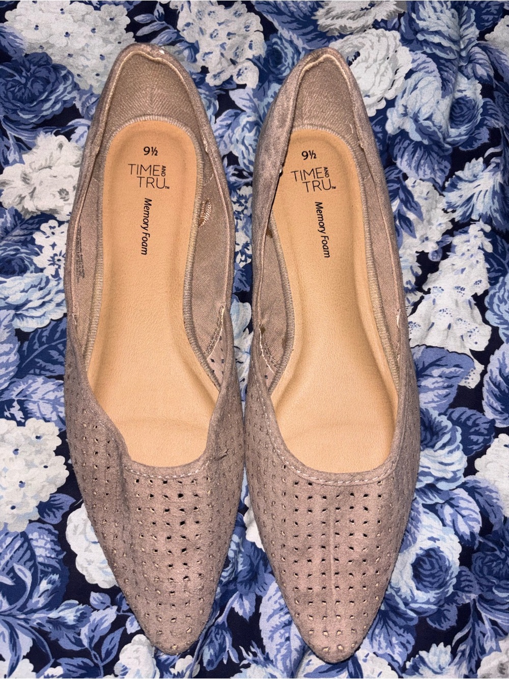 Time and Tru Taupe Perforated Pointed-Toe Flats